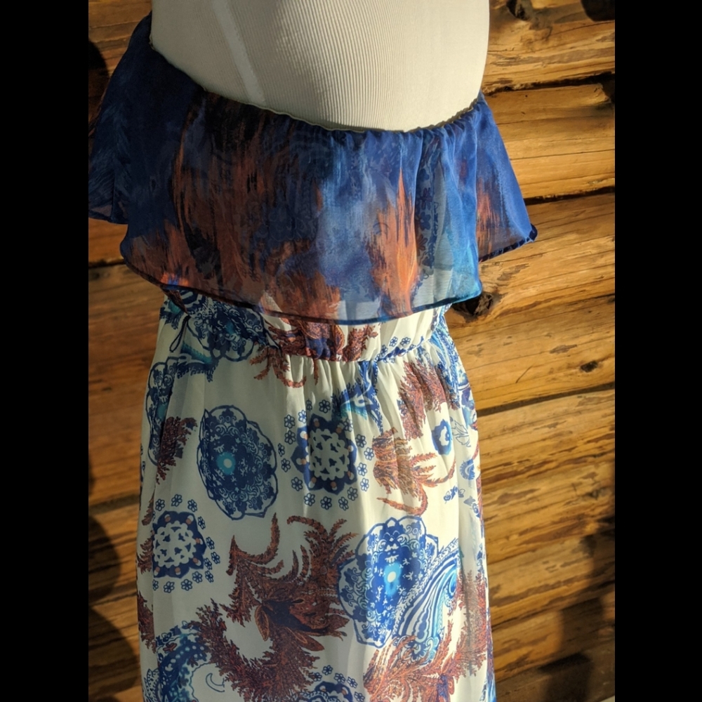 Maurice's Blue & White Strapless Tea Length Dress